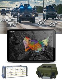 Military column on the road capturing radio cells. 5G, 4G, 3G mobile networks. SEA 3714c measurement system